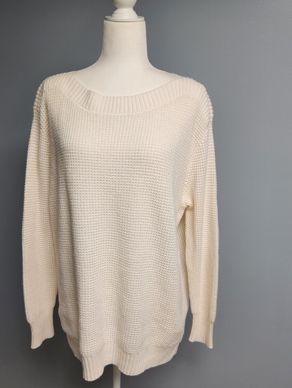 Cream Waffle-Knit Crewneck Sweater